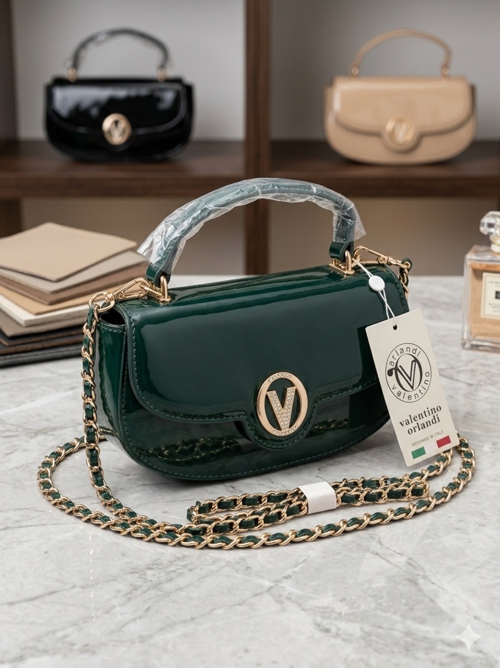 Valentino Orlandi Green Patent Leather Top-Handle Crossbody